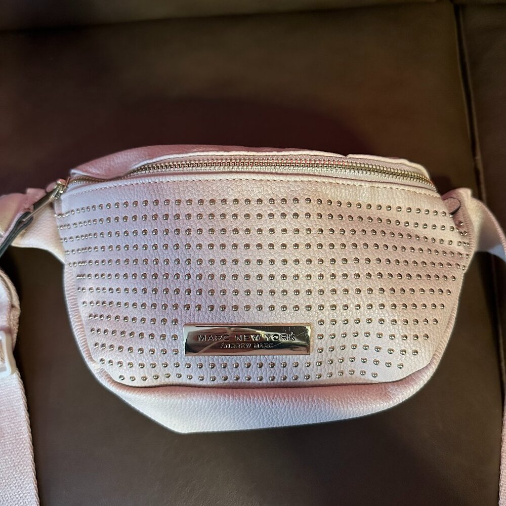 Andrew Marc Leather Belt Bag in Light Pink with Gold Studs